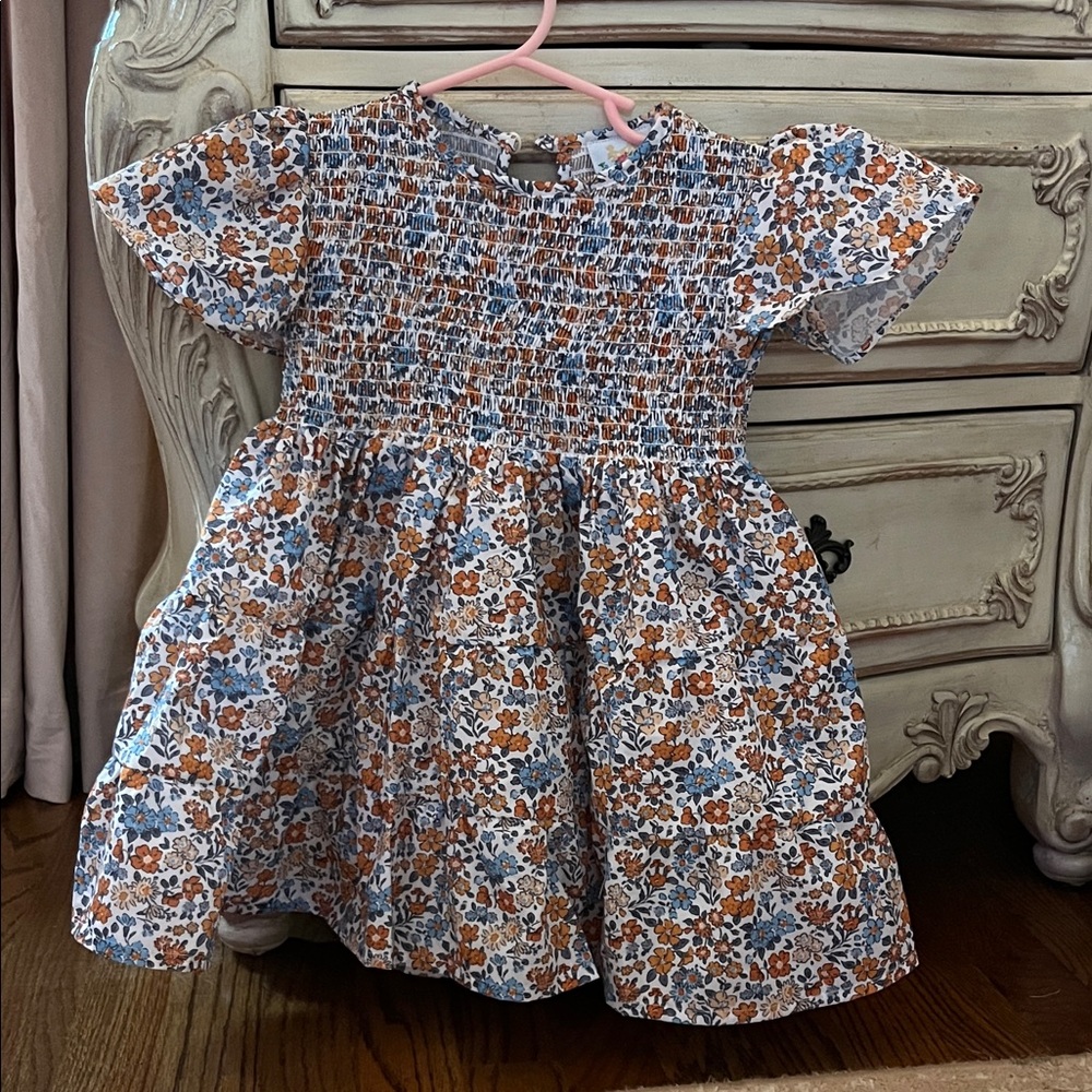 Charming Floral Kids Dress in Blue and Orange